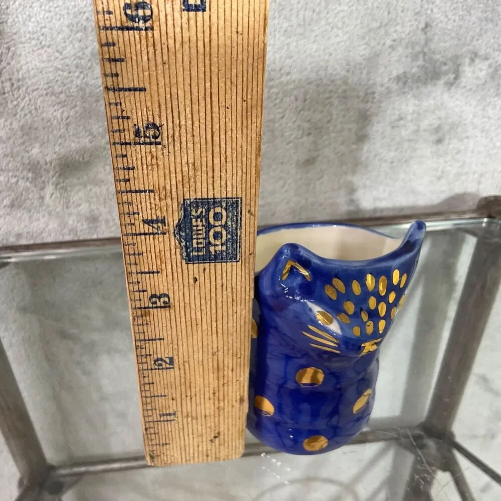 Bird Can Fox for Anthropologie Ceramic Cat-Shaped Vase Brush pen holder blue/gld
